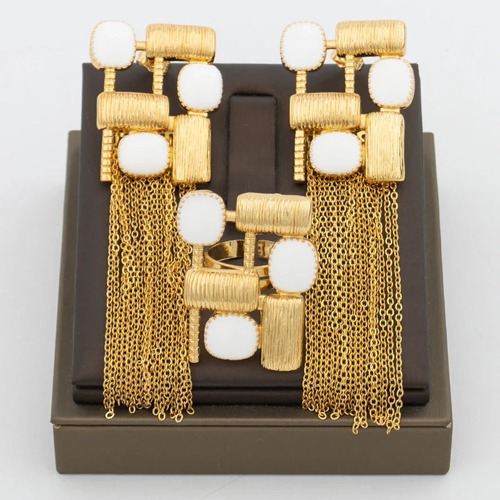 Trend Jewelry Set for Women African Gold Color Earrings and Ring Set Geometry Design Tassel Earrings Resizable Ring for Weddings