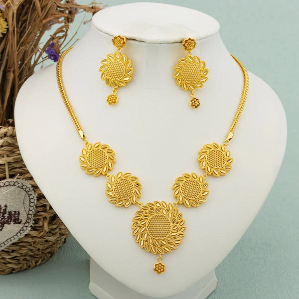 Round Jewelry Set Design for Women African Hot Sale Copper Hoop Earrings Flower Necklace Gold Plated Pendant Party Wedding Gifts