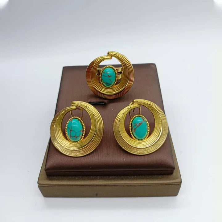 African Jewelry Set for Women Spiral Shape New Fashion Purpuse Stone Earrings Finger Ring Dubai Indian Luxury Gold Color Jewelry