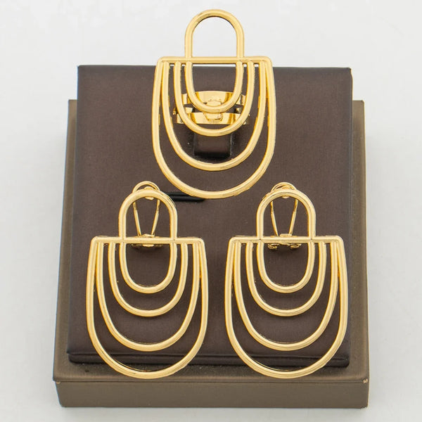 Irregular Earrings and Ring Jewelry Set African 18k Gold Color Clip Earrings Finger Ring 2Pcs Set for Engagement Jewellery Gifts