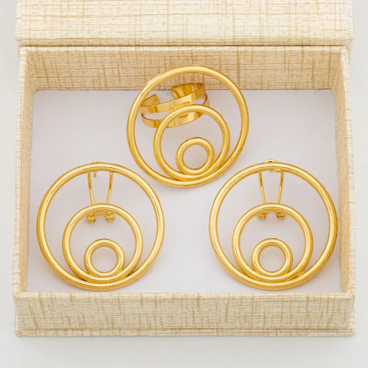 Earrings with Ring Jewelry Set for African 18k Gold Color Clip Earrings Finger Ring 2Pcs Set with Gift Box Luxury Jewelry Bride
