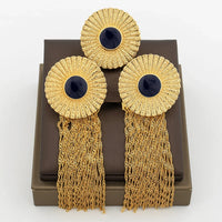 Luxury Tassel Earrings with Ring Set for Dubai African Gold Color and Black Color Matching Jewelry Set Square Design Earrings