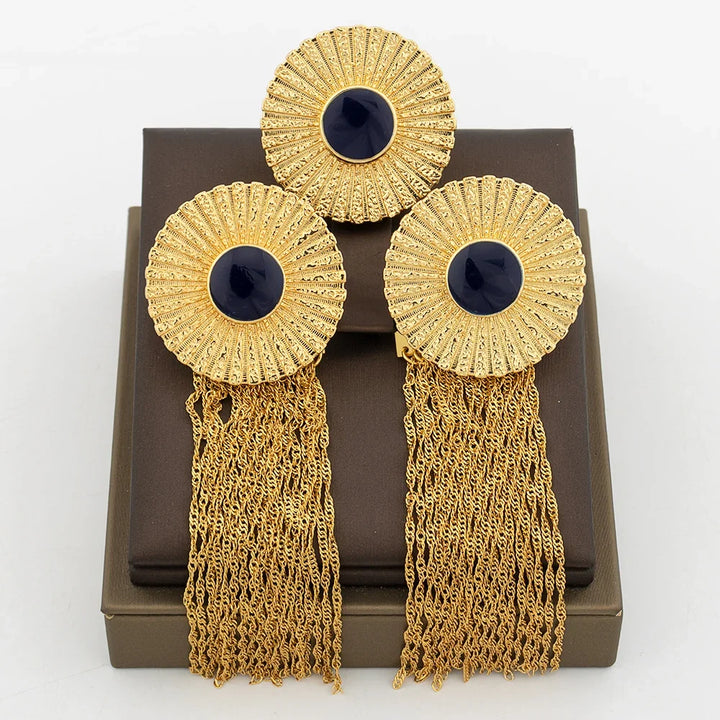 Luxury Tassel Earrings with Ring Set for Dubai African Gold Color and Black Color Matching Jewelry Set Square Design Earrings