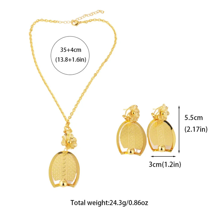 African Gold Color Women Necklace and Earrings Trend Dubai Flower Hollow Out Jewelry Set Gift For Party Wedding Daily Accessorie