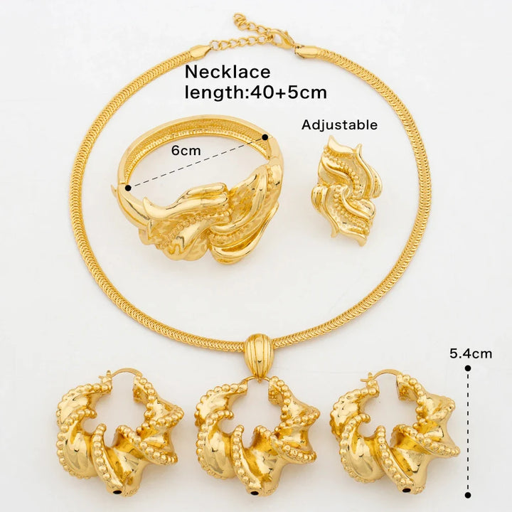African Jewelry Set 18K Gold Plated Women Big Bold Design Earrings Pendant Wedding Bridal Fashion Necklace Bracelet Ring Gift