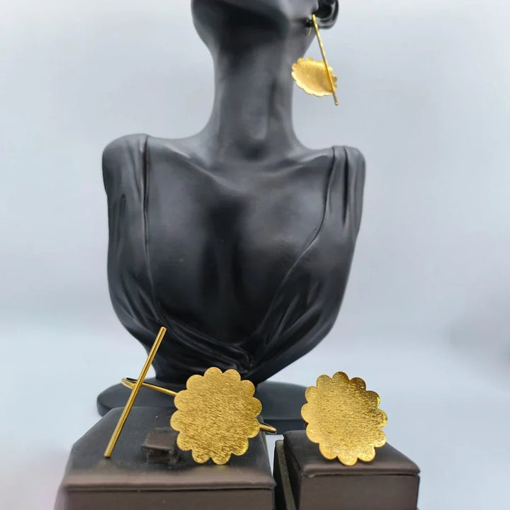 Dubai Gold Plated Earrings and Ring Jewelry Set for Party Dangle Earrings and Cuff Bangle Ring Set for African Jewellery Gifts
