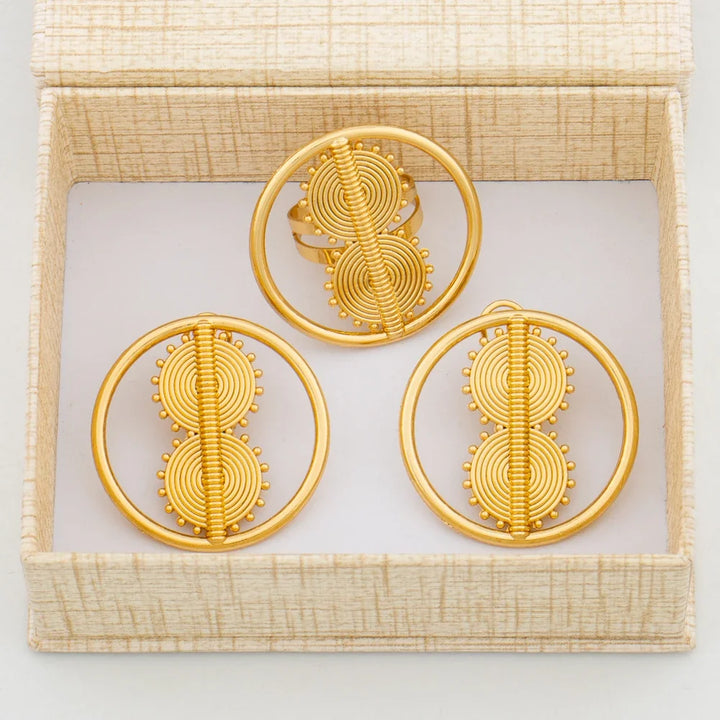 Earrings with Ring Jewelry Set for African 18k Gold Color Clip Earrings Finger Ring 2Pcs Set with Gift Box Luxury Jewelry Bride