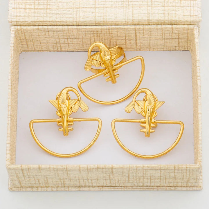 Earrings with Ring Jewelry Set for African 18k Gold Color Clip Earrings Finger Ring 2Pcs Set with Gift Box Luxury Jewelry Bride