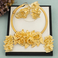 African Fashion Flower Jewelry Set for Women Luxury Gold Color India Big Hig Quality Earrring Necklace Bangle Ring Bride  Gif