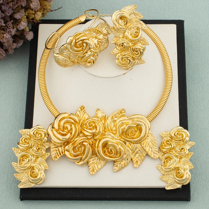 African Fashion Flower Jewelry Set for Women Luxury Gold Color India Big Hig Quality Earrring Necklace Bangle Ring Bride  Gif