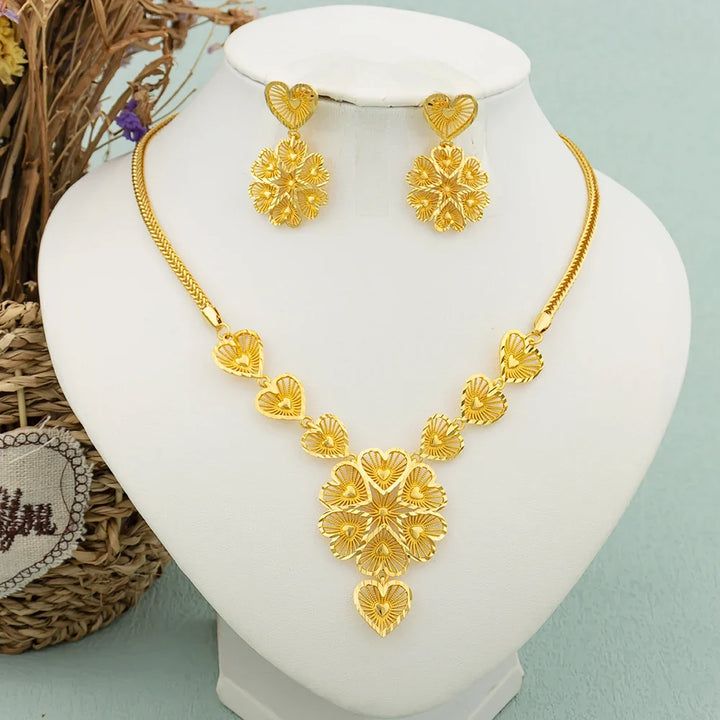 Round Jewelry Set Design for Women African Hot Sale Copper Hoop Earrings Flower Necklace Gold Plated Pendant Party Wedding Gifts