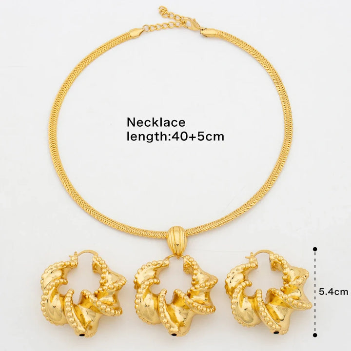 African Jewelry Set 18K Gold Plated Women Big Bold Design Earrings Pendant Wedding Bridal Fashion Necklace Bracelet Ring Gift