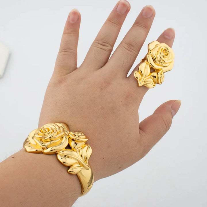 Leopard Design Bangle and Ring Jewelry Set Gold Plated African Bracelet Adjustable Ring Weddings Bridal Jewelry Accessories