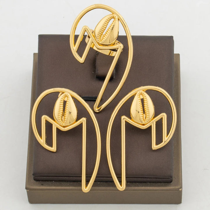 Irregular Earrings and Ring Jewelry Set African 18k Gold Color Clip Earrings Finger Ring 2Pcs Set for Engagement Jewellery Gifts