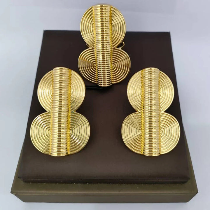 Dubai Gold Color Earrings with Ring Set for Bride Women Fashion Ear Clip and Finger Ring 2Pcs Set for Engagement African Daily