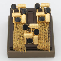 Luxury Tassel Earrings with Ring Set for Dubai African Gold Color and Black Color Matching Jewelry Set Square Design Earrings
