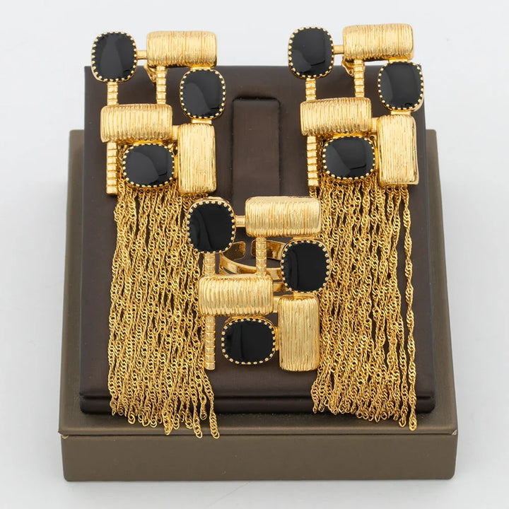 Luxury Tassel Earrings with Ring Set for Dubai African Gold Color and Black Color Matching Jewelry Set Square Design Earrings
