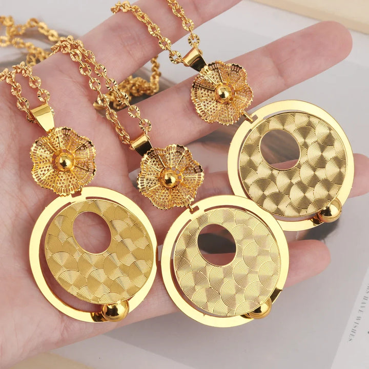 African Gold Color Women Necklace and Earrings Trend Dubai Flower Hollow Out Jewelry Set Gift For Party Wedding Daily Accessorie