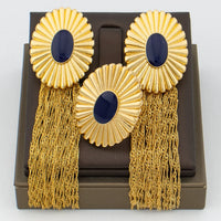 Luxury Tassel Earrings with Ring Set for Dubai African Gold Color and Black Color Matching Jewelry Set Square Design Earrings