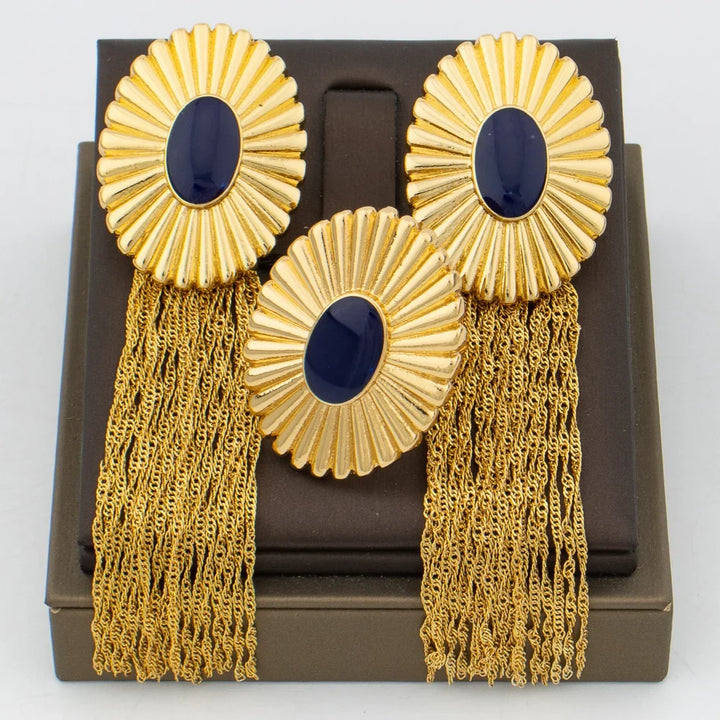 Luxury Tassel Earrings with Ring Set for Dubai African Gold Color and Black Color Matching Jewelry Set Square Design Earrings