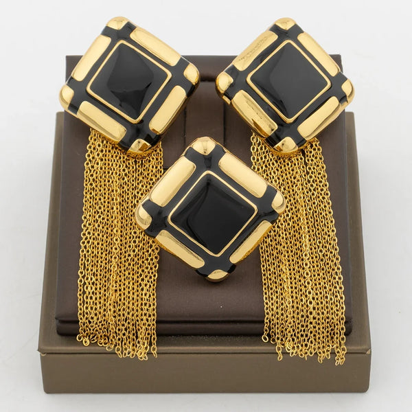 Luxury Tassel Earrings with Ring Set for Dubai African Gold Color and Black Color Matching Jewelry Set Square Design Earrings