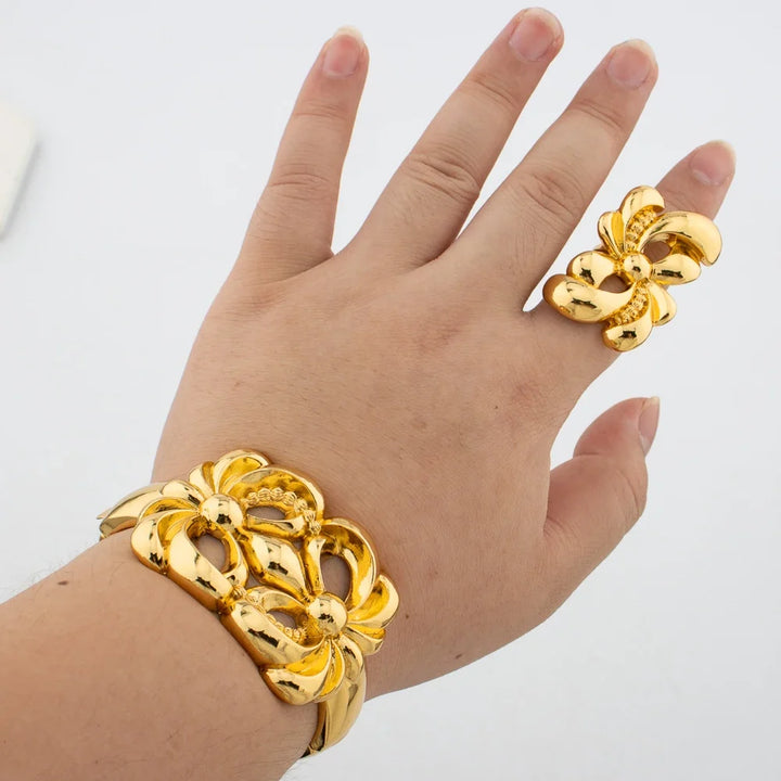 Leopard Design Bangle and Ring Jewelry Set Gold Plated African Bracelet Adjustable Ring Weddings Bridal Jewelry Accessories