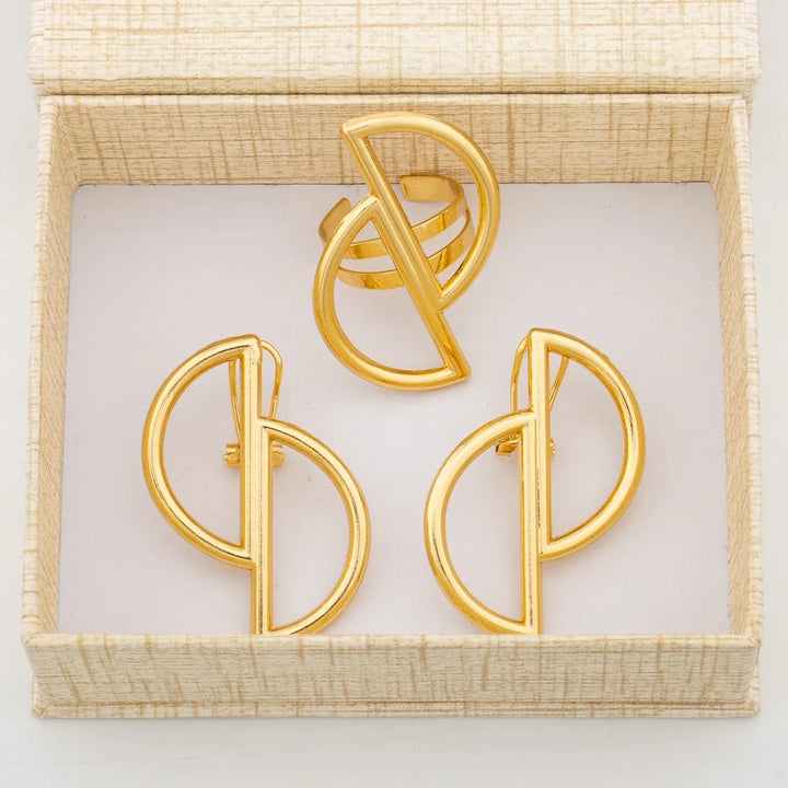 Earrings with Ring Jewelry Set for African 18k Gold Color Clip Earrings Finger Ring 2Pcs Set with Gift Box Luxury Jewelry Bride