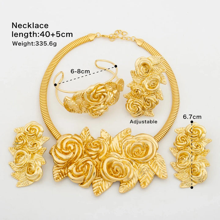 African Fashion Flower Jewelry Set for Women Luxury Gold Color India Big Hig Quality Earrring Necklace Bangle Ring Bride  Gif