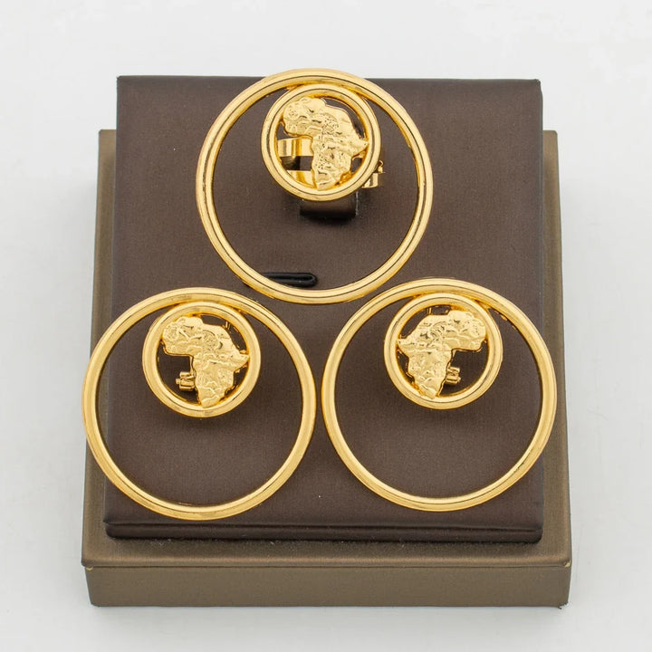 African Gold Color Earrings Ring Jewelry Set for Women Copper Alloy Clip Earrings and Finger Ring 2Pcs Set Weddings Daily Wear