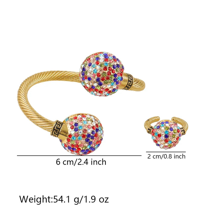 Gold Color Cuff Bracelet and Ring for Dubai African Women Blue Stone Hand Bangle Finger Ring Jewelry Set Wedding Bride Wife Gift