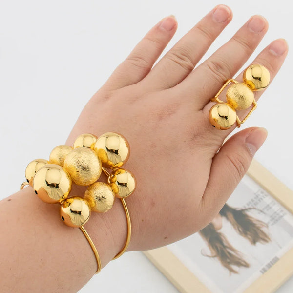 African Gold Color Jewelry Set for Women Beads Design Cuff Bangle and Ring Dubai Weddings Bride Jewelry Set Accessories Gifts