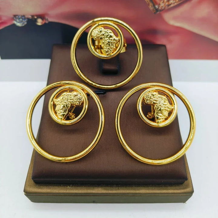 Earrings and Ring Jewelry Set for Women African 18k Gold Color Earrings with Finger Ring 2Pcs Set for Party Ethiopia Daily Wear