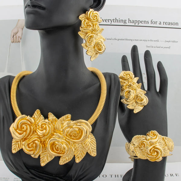 African Fashion Flower Jewelry Set for Women Luxury Gold Color India Big Hig Quality Earrring Necklace Bangle Ring Bride  Gif