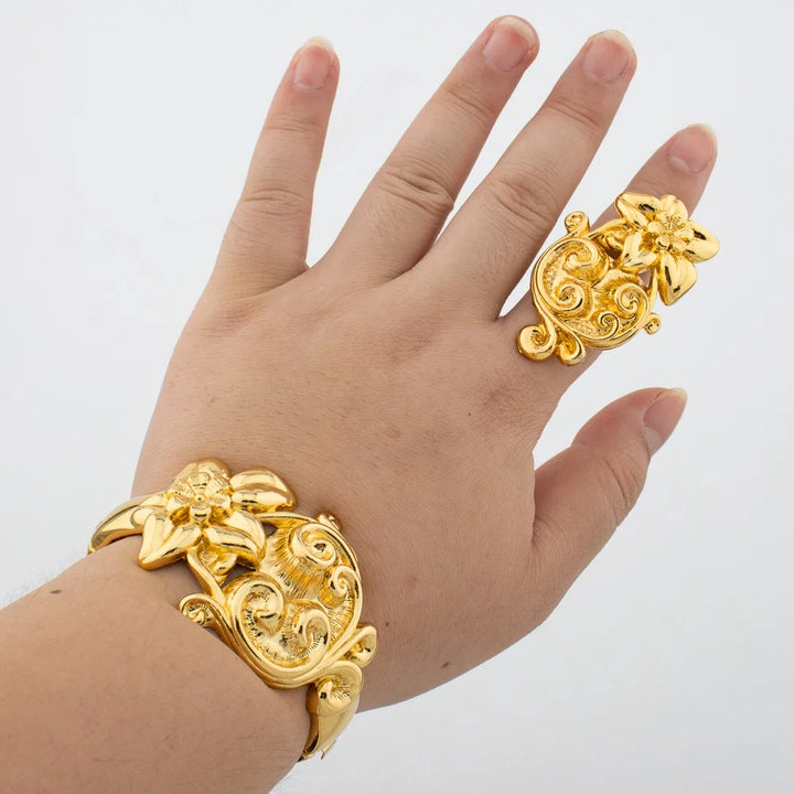 Leopard Design Bangle and Ring Jewelry Set Gold Plated African Bracelet Adjustable Ring Weddings Bridal Jewelry Accessories