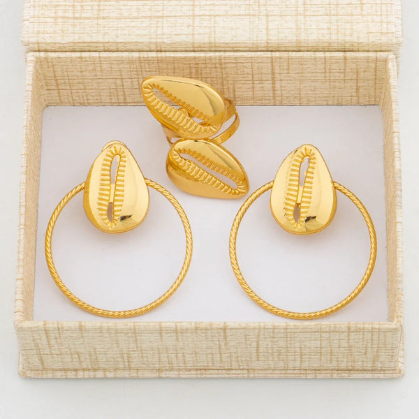 Earrings with Ring Jewelry Set for African 18k Gold Color Clip Earrings Finger Ring 2Pcs Set with Gift Box Luxury Jewelry Bride