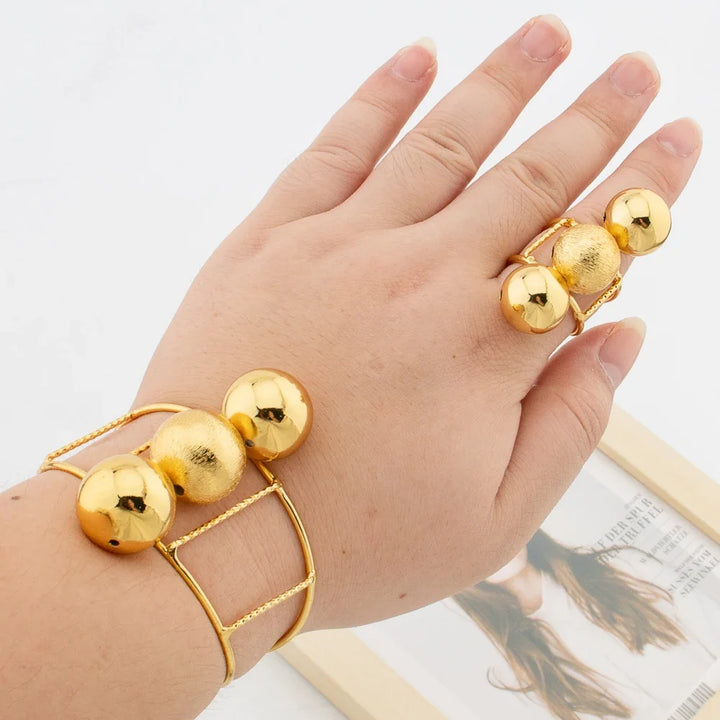 African Gold Color Jewelry Set for Women Beads Design Cuff Bangle and Ring Dubai Weddings Bride Jewelry Set Accessories Gifts