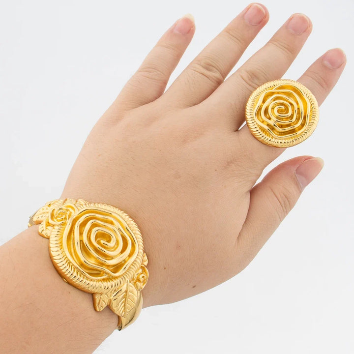 Leopard Design Bangle and Ring Jewelry Set Gold Plated African Bracelet Adjustable Ring Weddings Bridal Jewelry Accessories