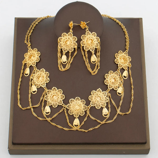 African 18k Gold Color Jewelry Set for Women Flower Design Necklace and Earrings 2Pcs Set for Weddings Party Jewelry Dubai Gift