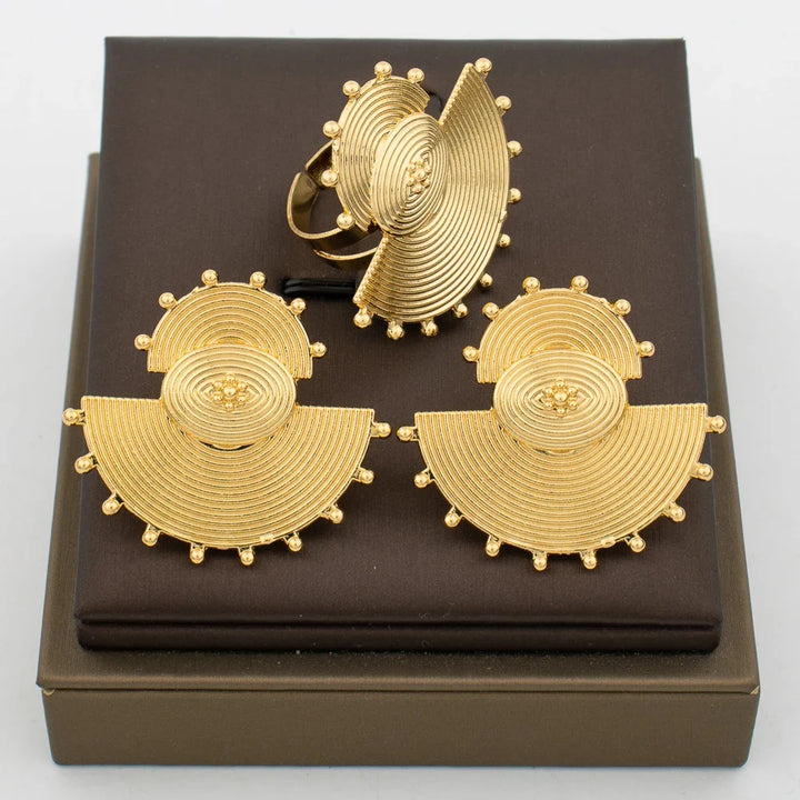 African Flower Design Earrings and Ring Jewelry Set 18k Gold Plated Clip Earrings and Finger Ring Bohemia Design Jewelry Set