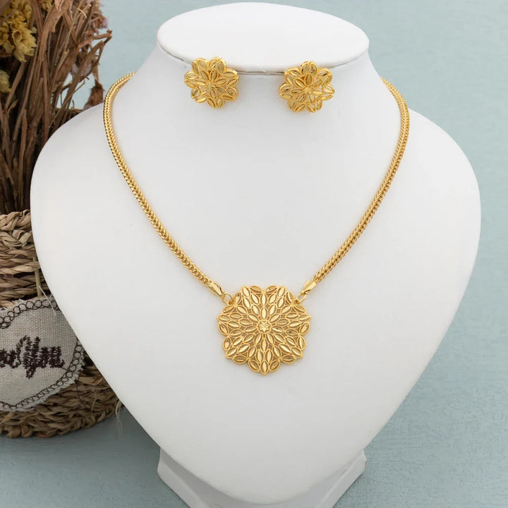 Round Jewelry Set Design for Women African Hot Sale Copper Hoop Earrings Flower Necklace Gold Plated Pendant Party Wedding Gifts