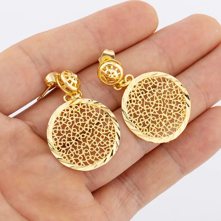 African Hoop Earrrings Necklace for Women Gold Plated Bead Chain Jewelry Set Dubai Classic Fashion Round Pendant Nigerian Gift