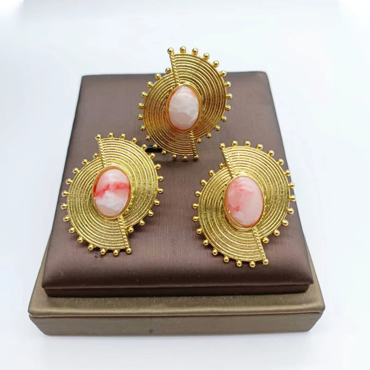 African Jewelry Set for Women Spiral Shape New Fashion Purpuse Stone Earrings Finger Ring Dubai Indian Luxury Gold Color Jewelry