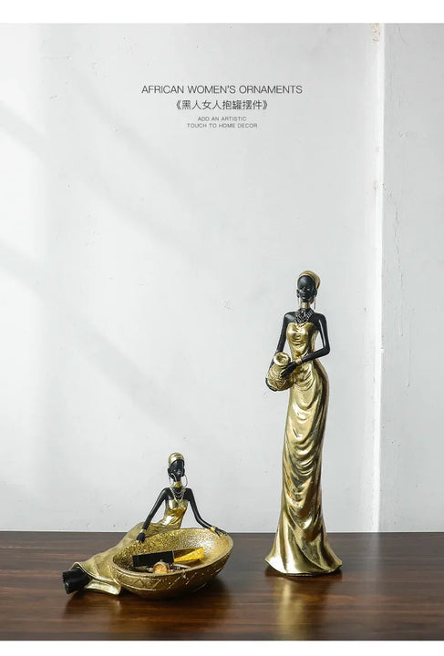 African Woman Figurine Holding Vase Decorative Statue