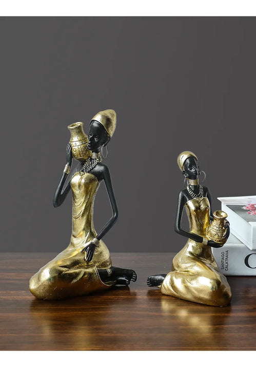 African Woman Figurine Holding Vase Decorative Statue