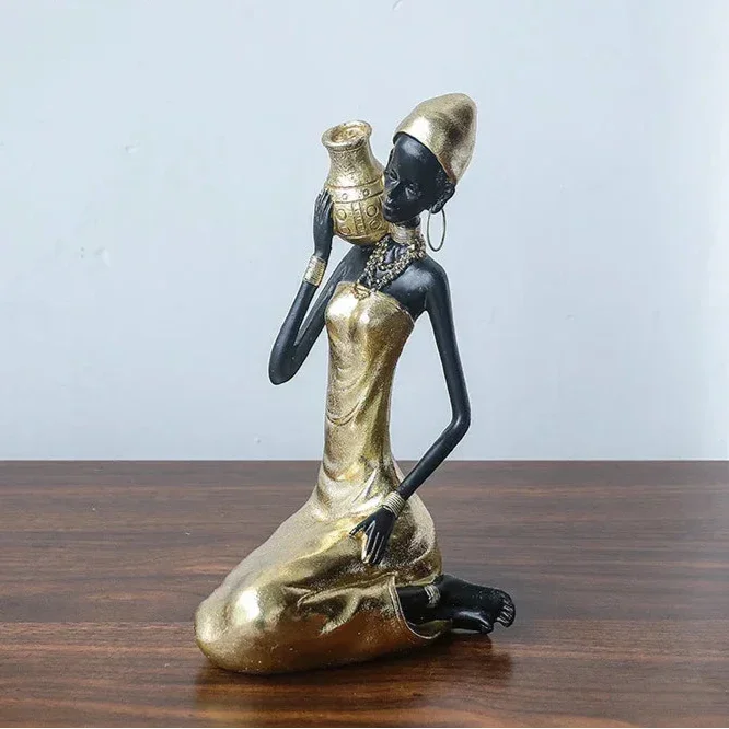 African Woman Figurine Holding Vase Decorative Statue