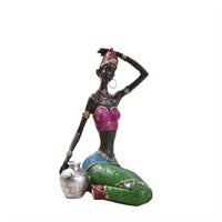 African Tribal Woman Figurine Holding Pot Decorative Statue