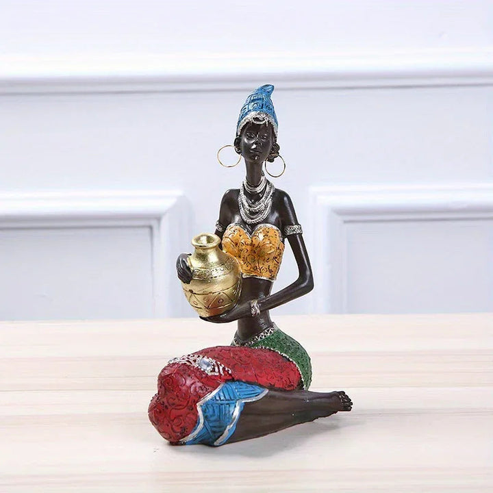 African Tribal Woman Figurine Holding Pot Decorative Statue