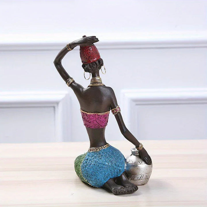 African Tribal Woman Figurine Holding Pot Decorative Statue