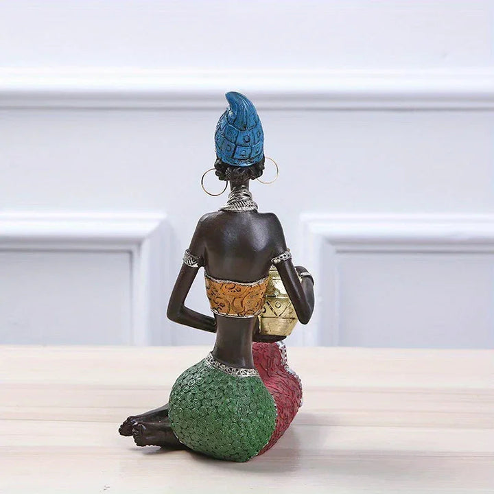 African Tribal Woman Figurine Holding Pot Decorative Statue