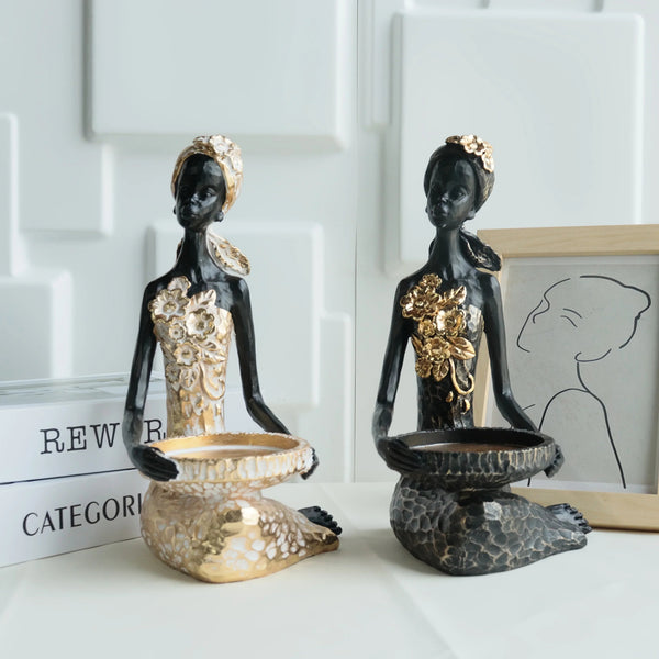 African Woman Figurine Bowl Holder Decorative Statue